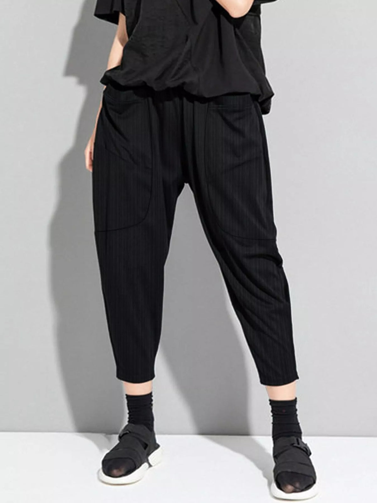 Plus size loose fit harem pants side view