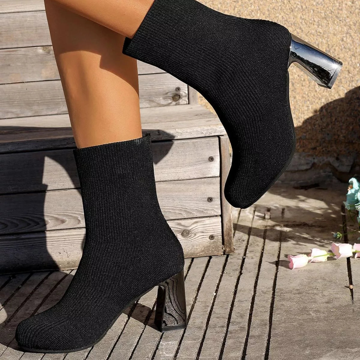 Round Toe Mesh Block Heel Boots styled on the model