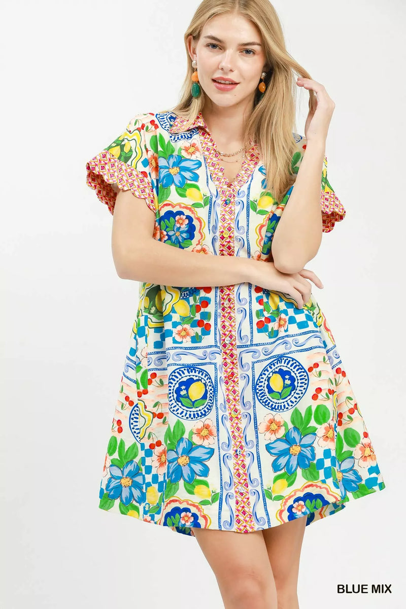 Blue Mediterranean print A line dress with collared split neck front view