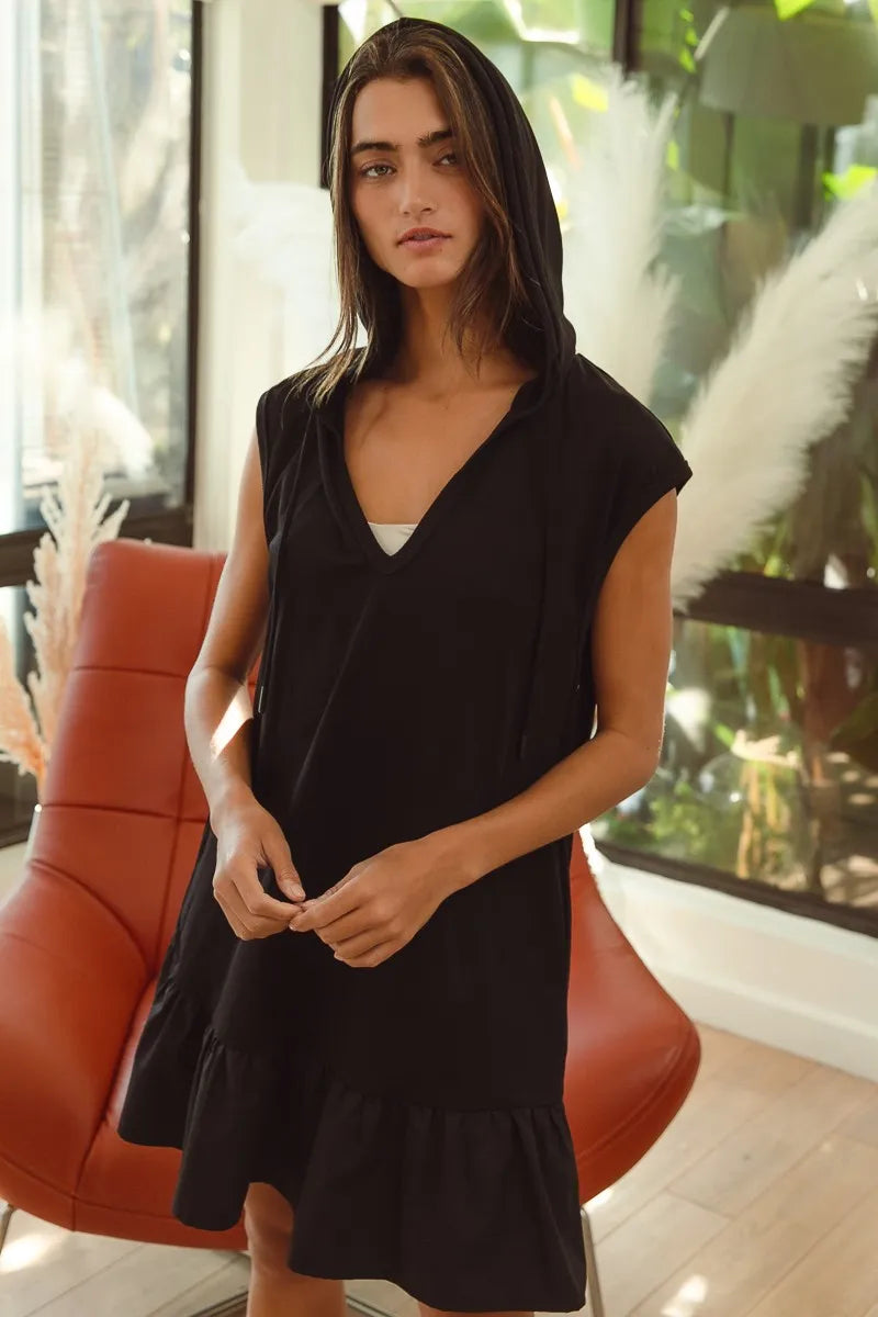 Ruffled French Terry Hooded Dress in Black detail