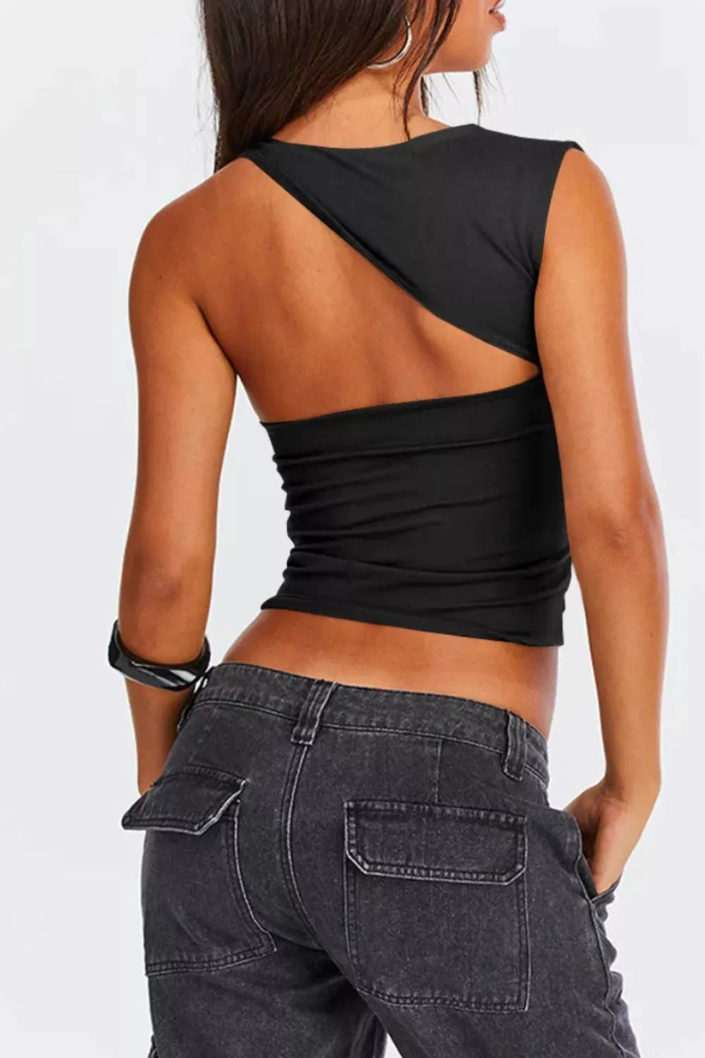 Black asymmetrical neckline sleeveless tank styled view