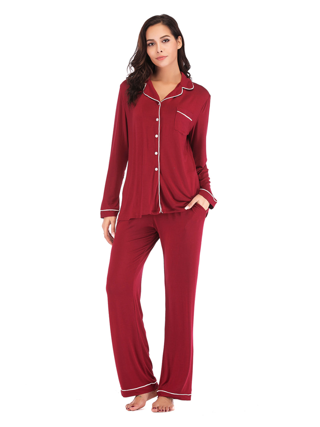 Collared Neck Long Sleeve Loungewear Set with Pockets - Fashorio
