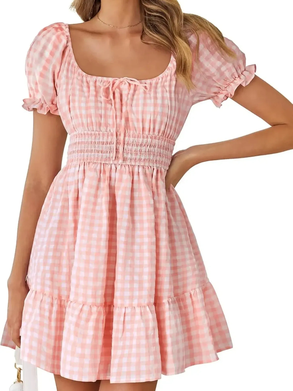 Gingham Smocked Puff Sleeve Summer Dress in Yellow view 10
