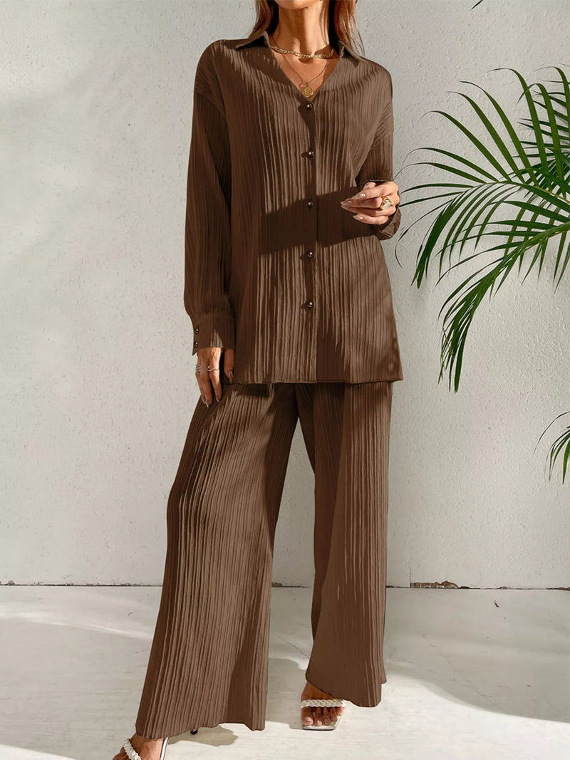 Long sleeve shirt and wide leg pants set front view