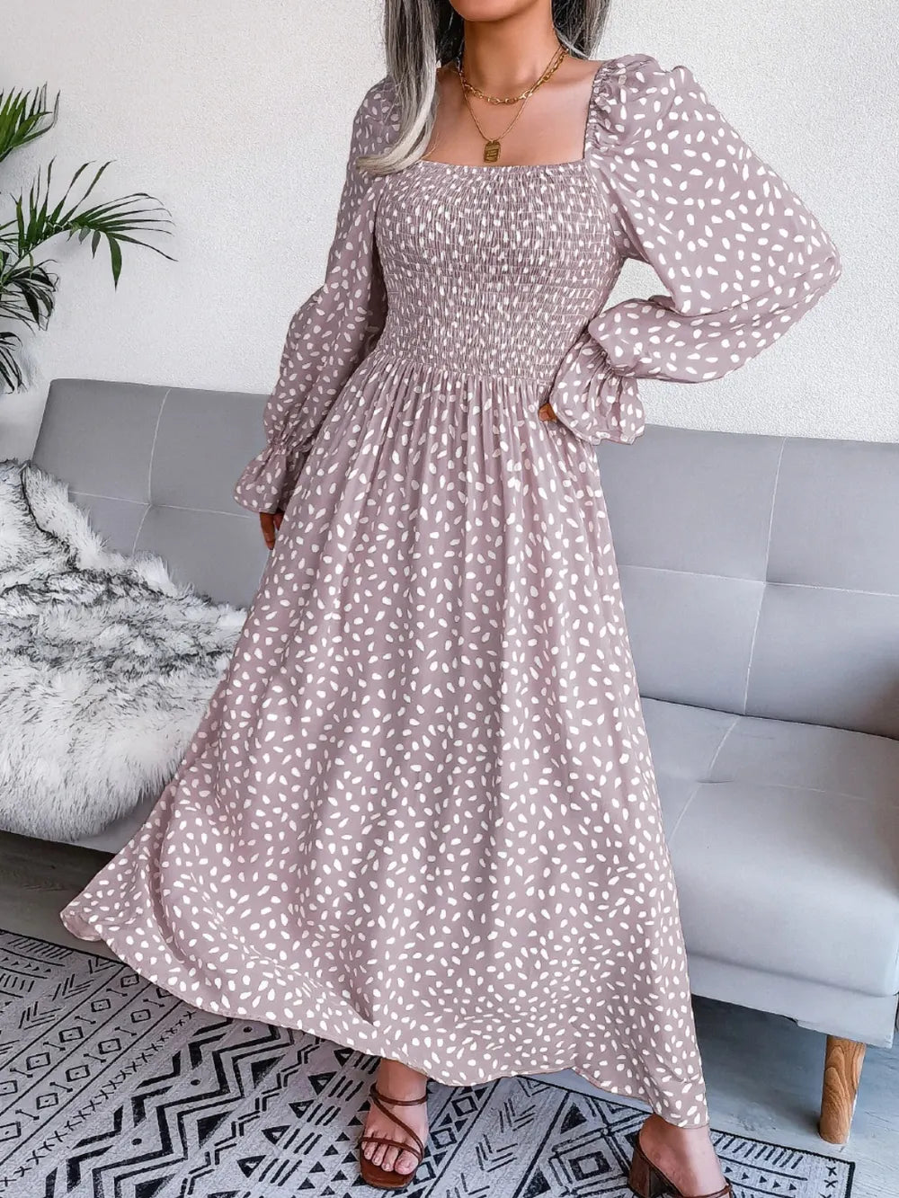 Smocked square neck flounce sleeve dress view 15