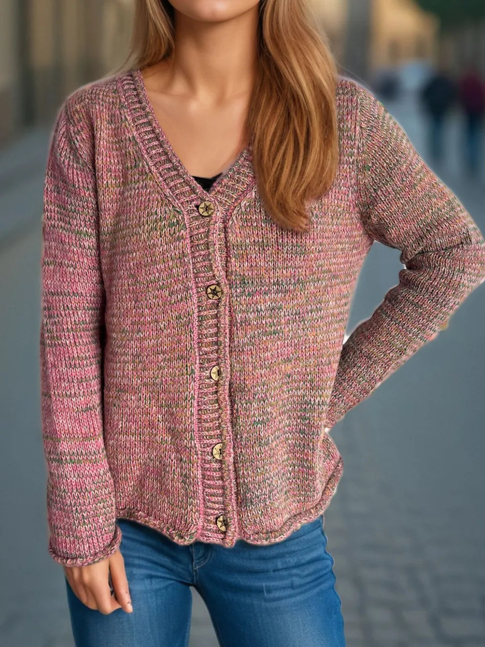 Heathered V-Neck Long Sleeve Cardigan - Fashorio