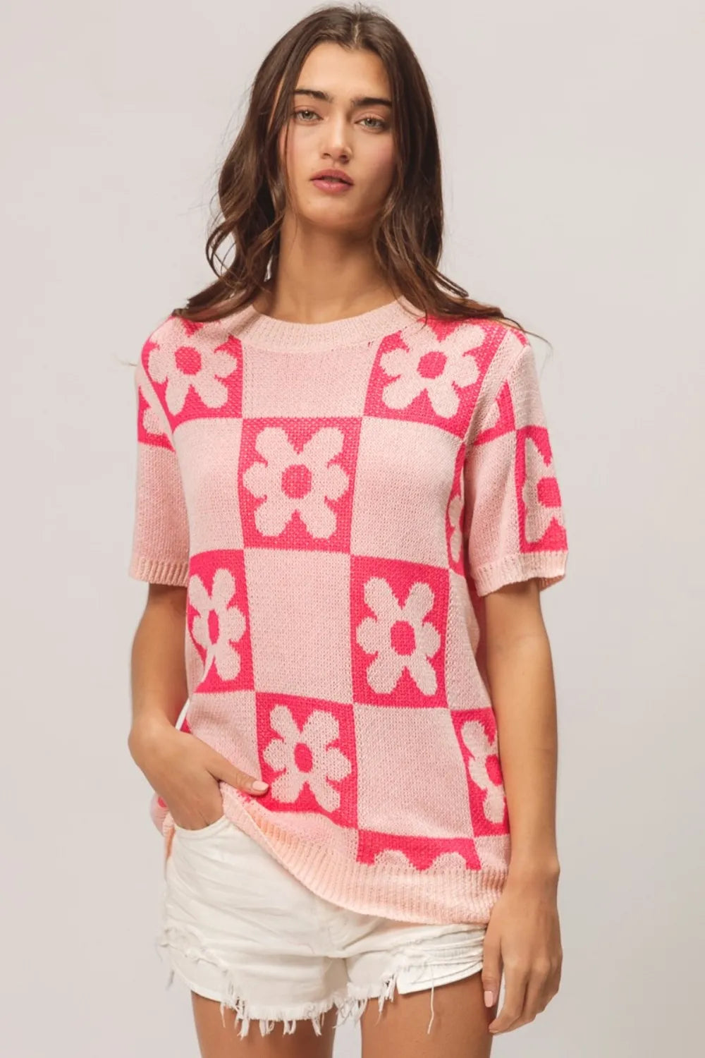 Floral Check Short Sleeve Cotton Blend Sweater side view