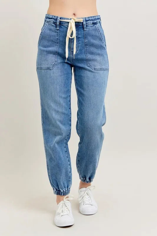 High waist denim joggers side profile