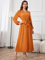 Tie Waist Puff Sleeve Maxi Dress Pumpkin - Fashorio