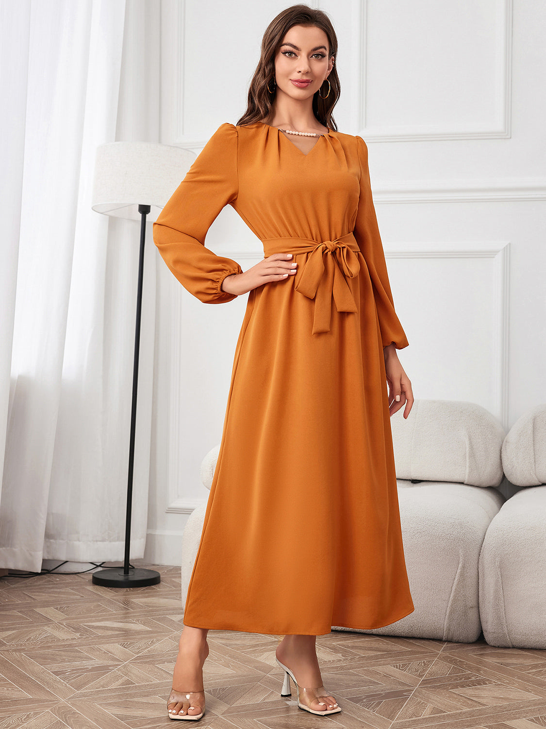 Tie Waist Puff Sleeve Maxi Dress Pumpkin - Fashorio