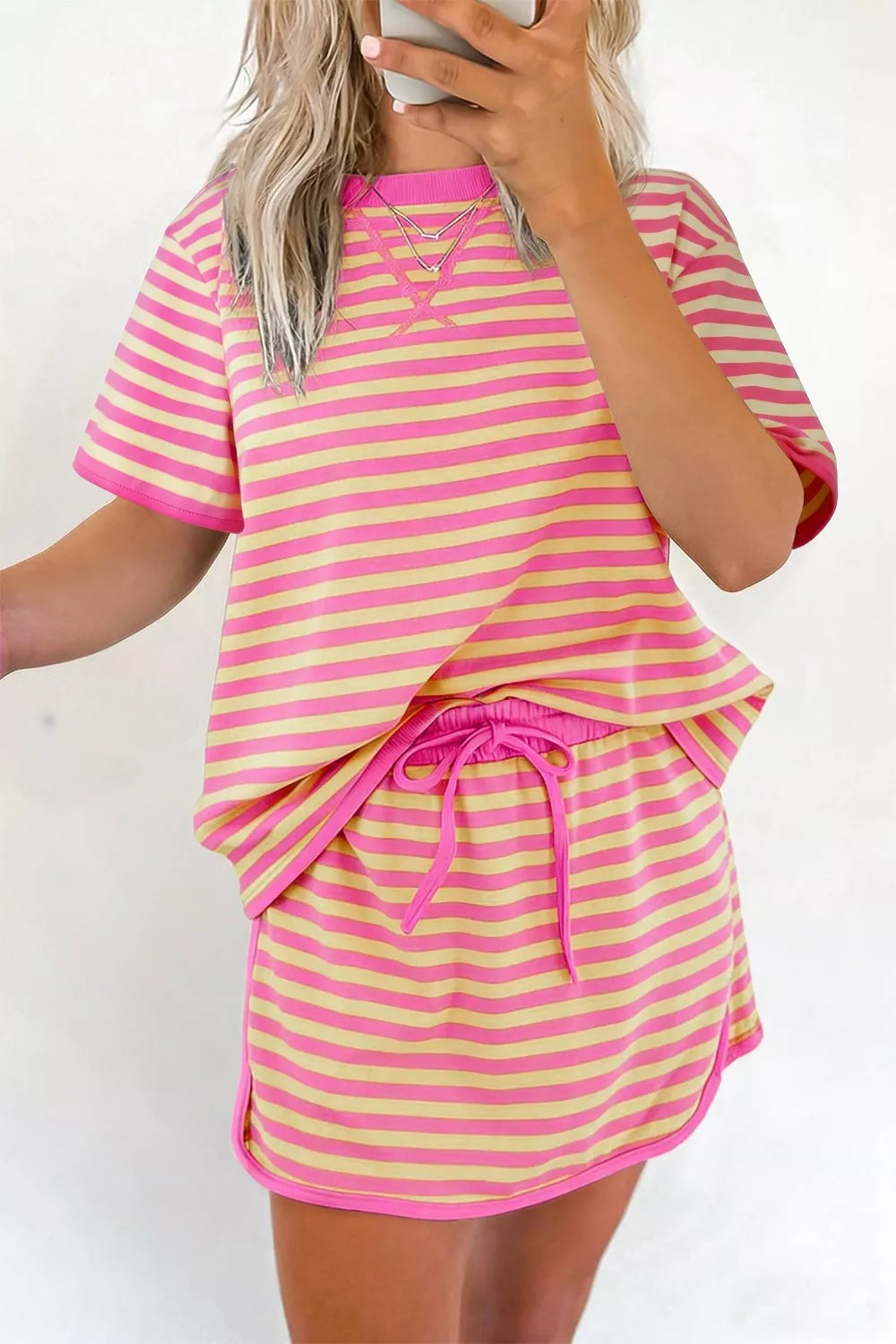 Blush pink striped round neck tee and shorts casual set front view