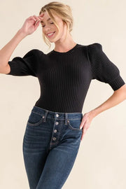And The Why Puffed Half Sleeve Rib Basic Bodysuit - Fashorio