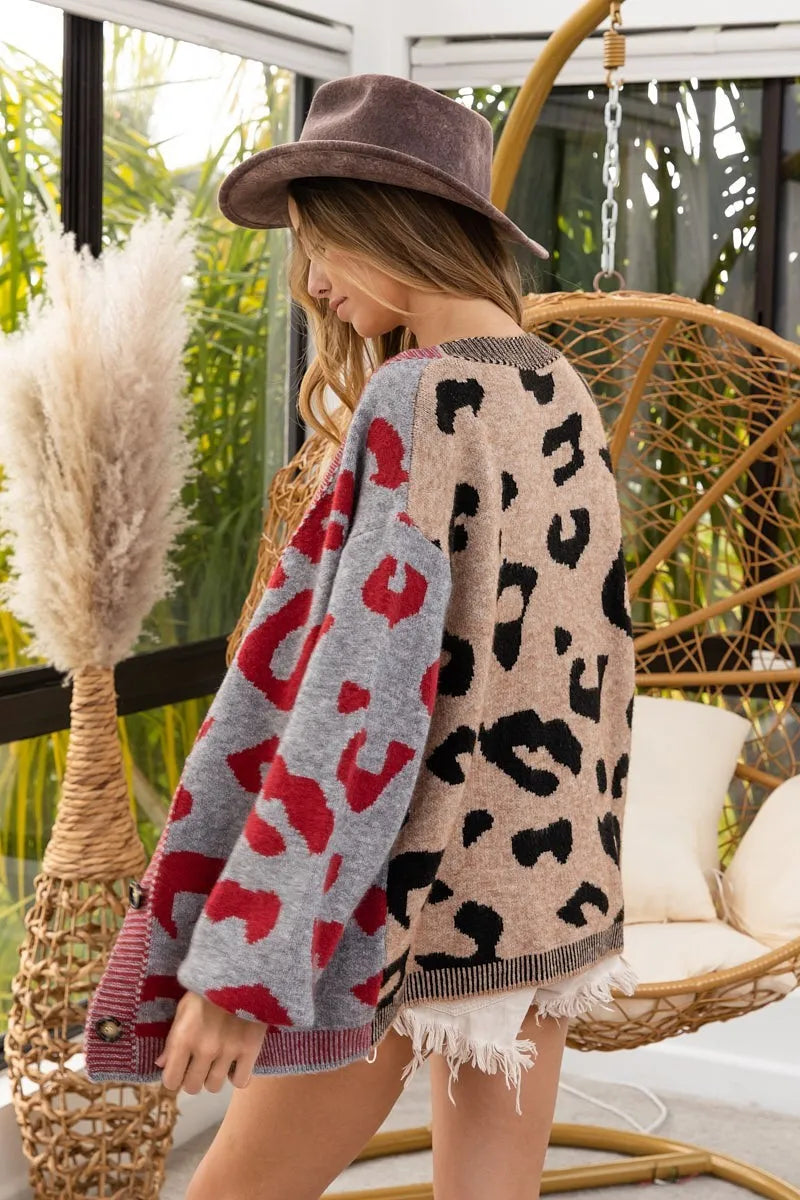 BiBi Leopard Color Block Button Down Sweater Cardigan - Fashorio