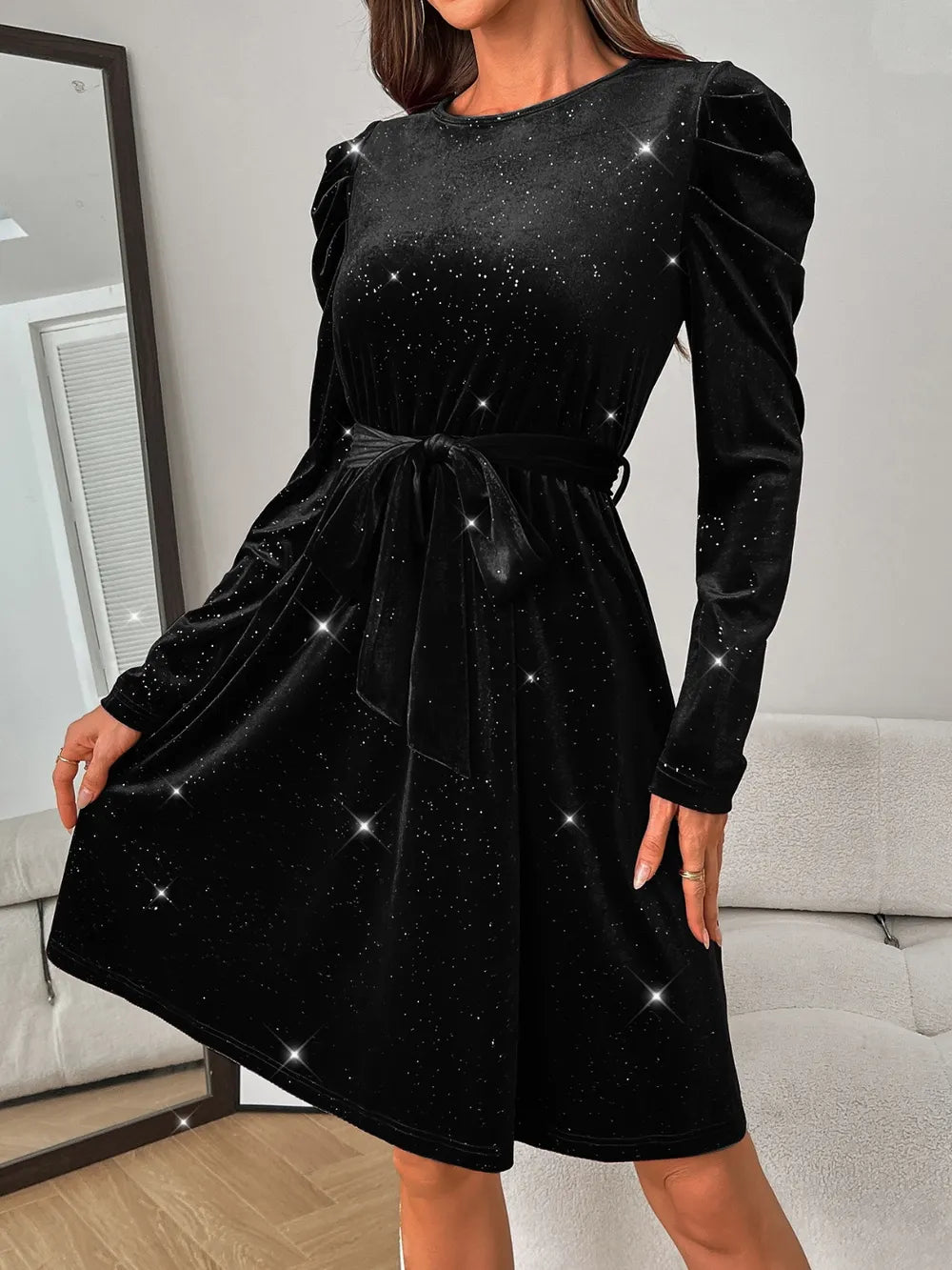 glitter round neck puff sleeve dress flat lay view