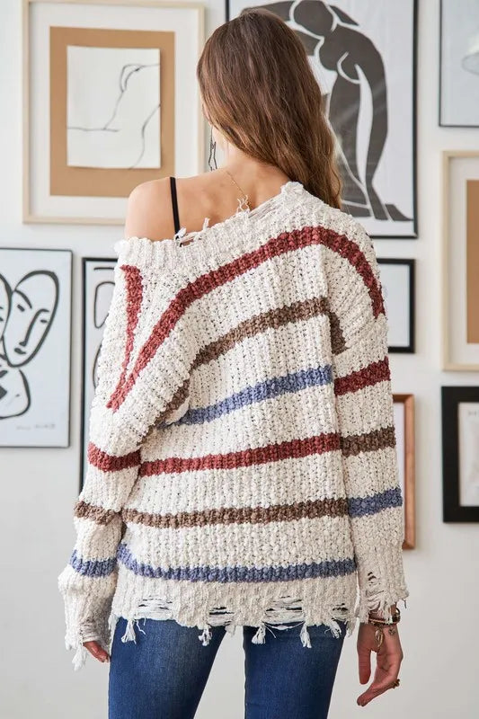 Frayed Edge Stripe Sweater in Beige detail