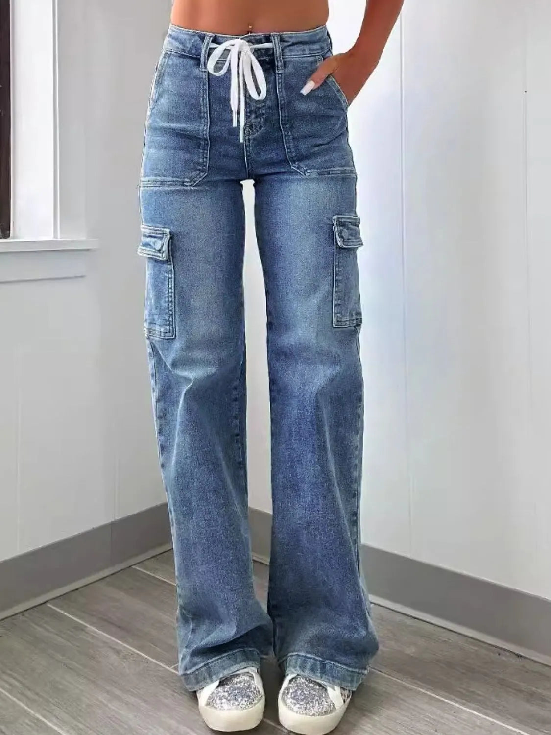 Back view of tie waist jeans