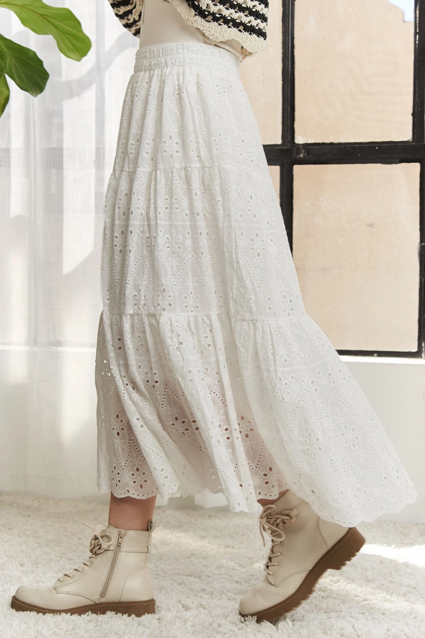 ADORA Elastic Waistband Tiered Midi Skirt - Fashorio