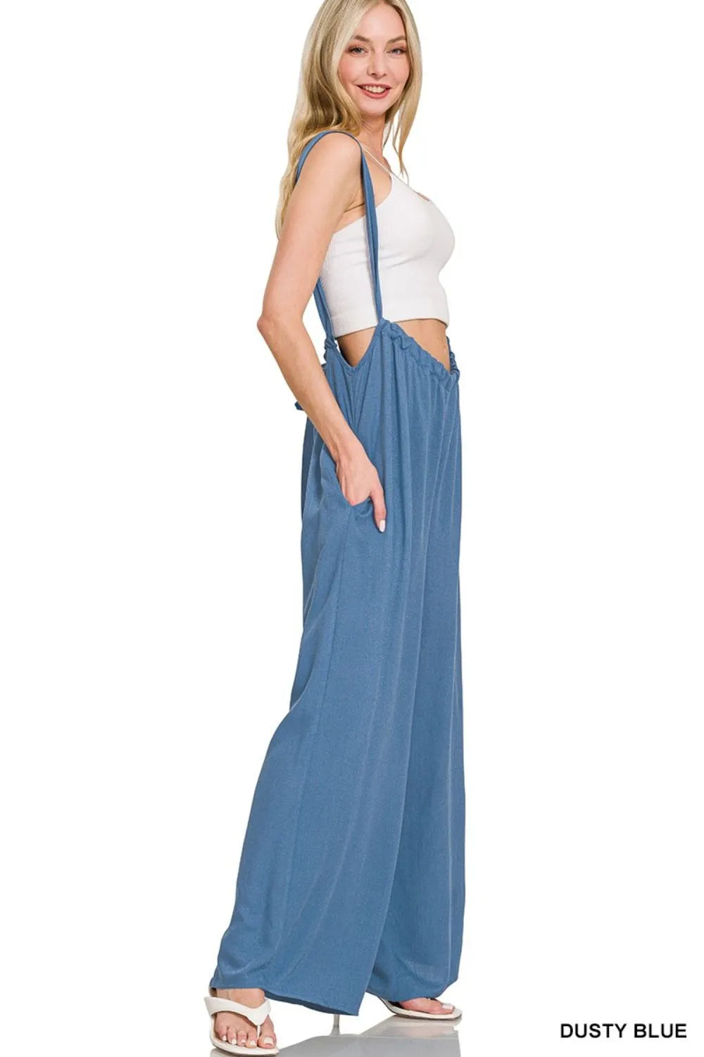 Woven Tie Back Suspender Jumpsuit back view