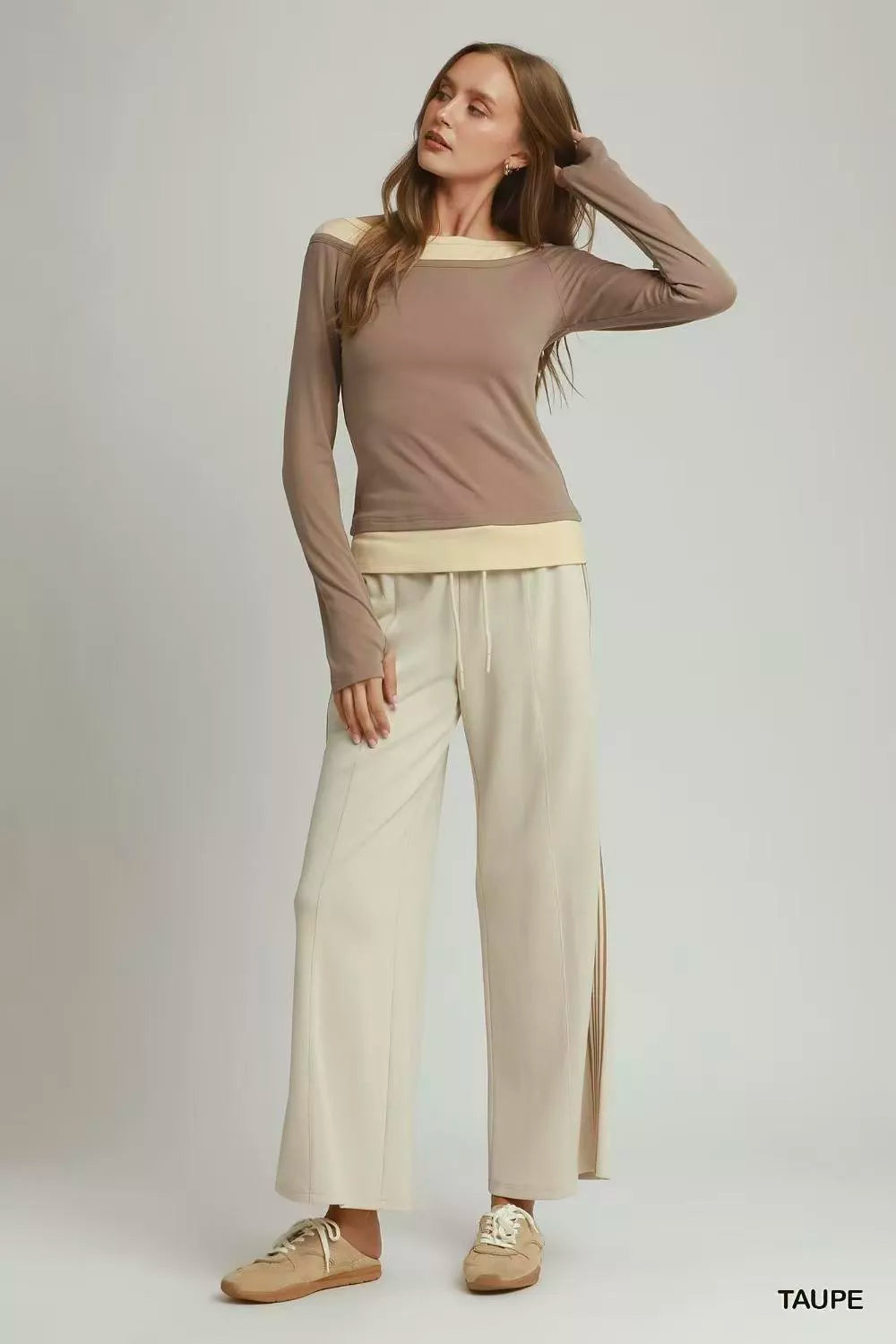 Taupe Umgee layered twofer long sleeve top close up detail
