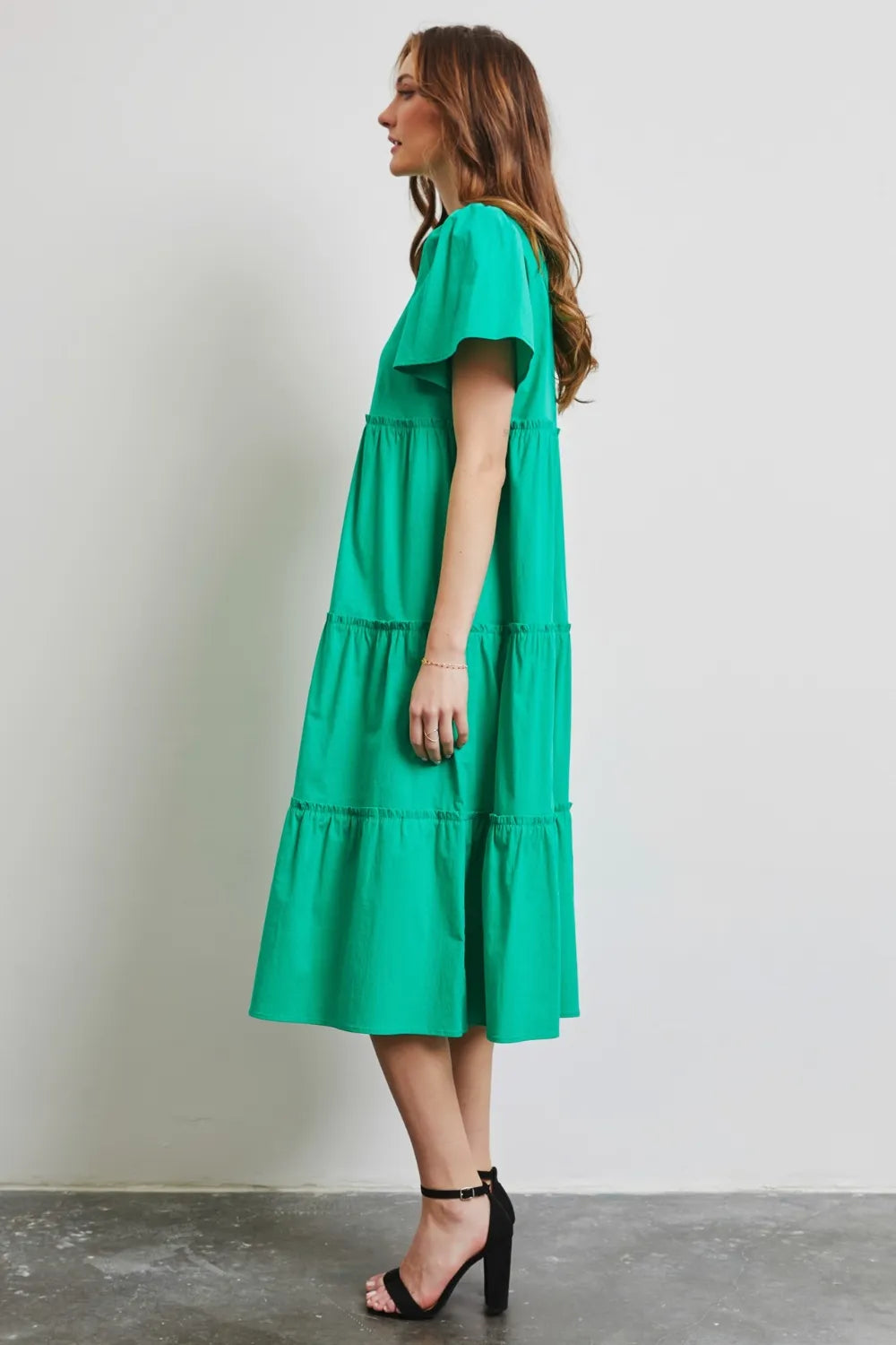 Cotton Poplin Ruffled Tiered Midi Dress side view