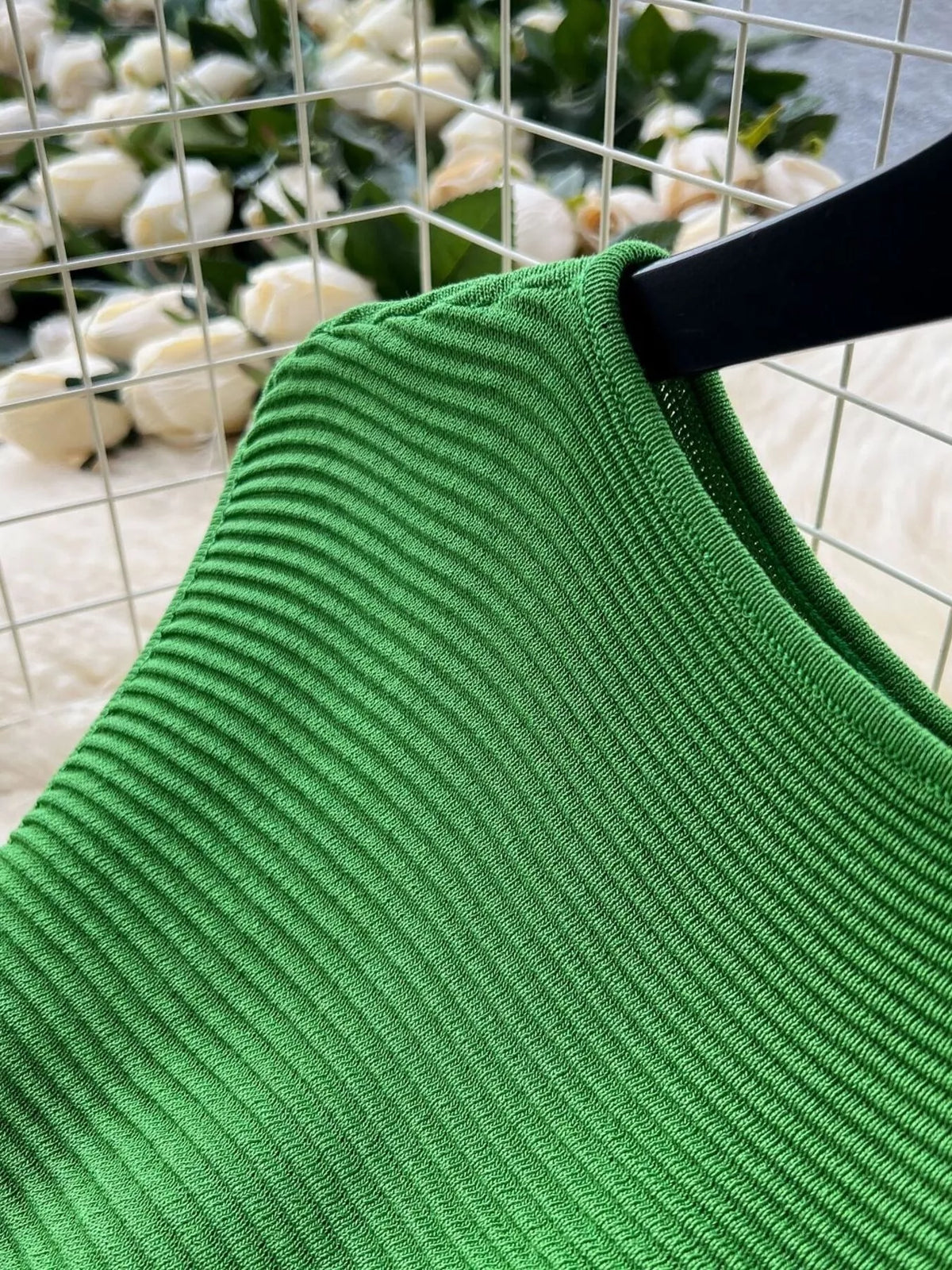 Green pleated knit maxi dress full length