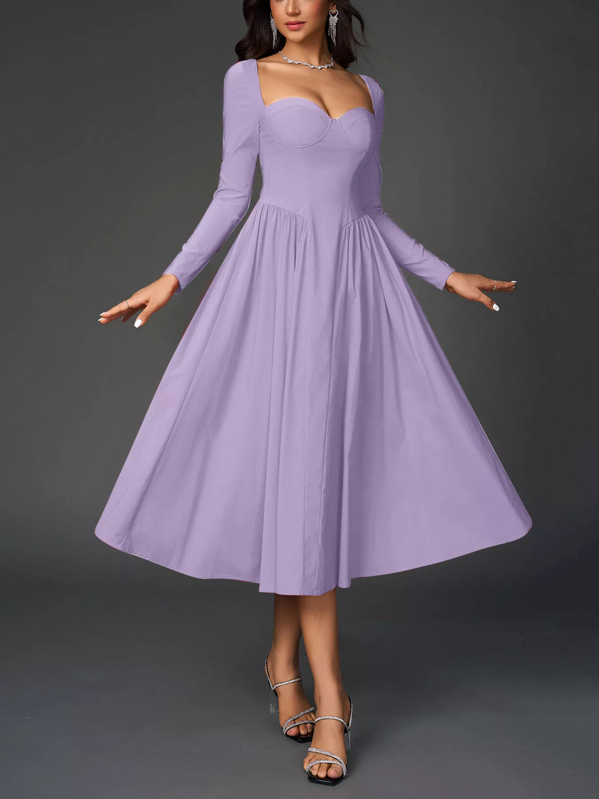 Sweetheart neck midi dress on model side