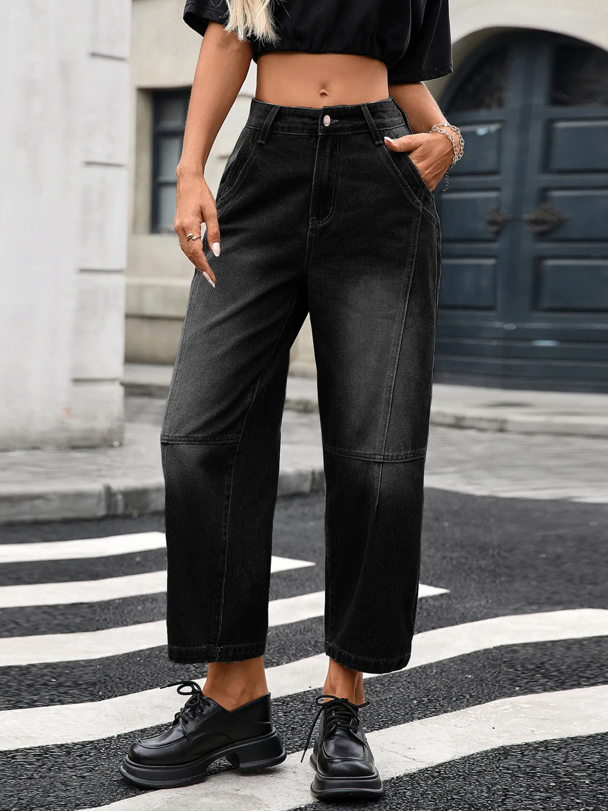 Rayon wide leg jeans pocket detail