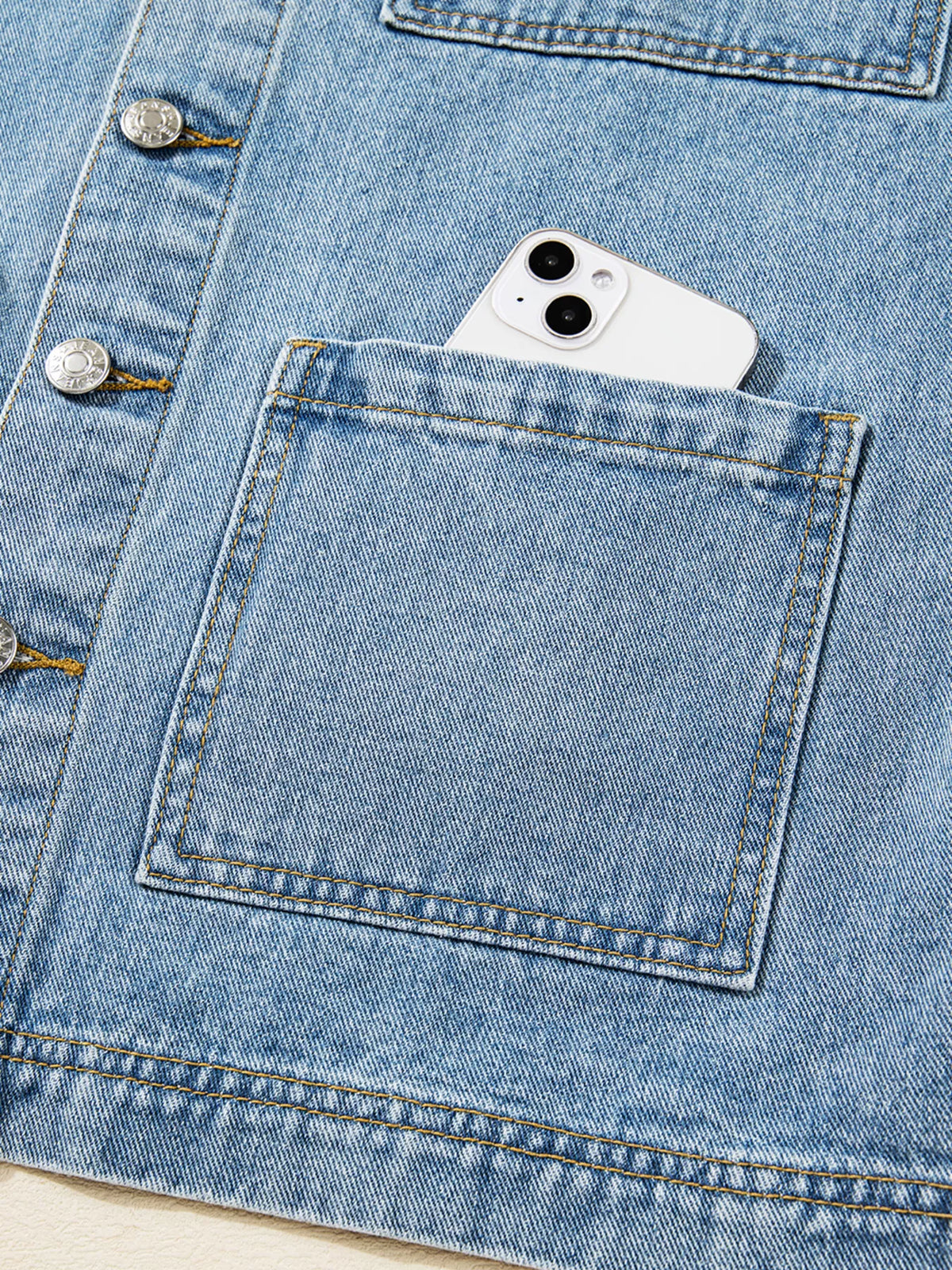 Patch Pocket Side Tie Denim Jacket in Medium Wash view 11