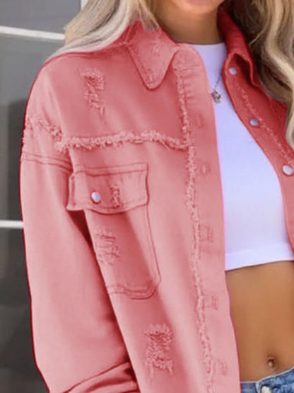 Distressed Denim Jacket with Frayed Edges - Fashorio