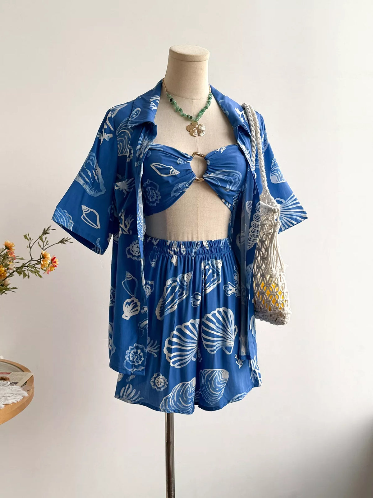 Seashell print three piece summer set full look