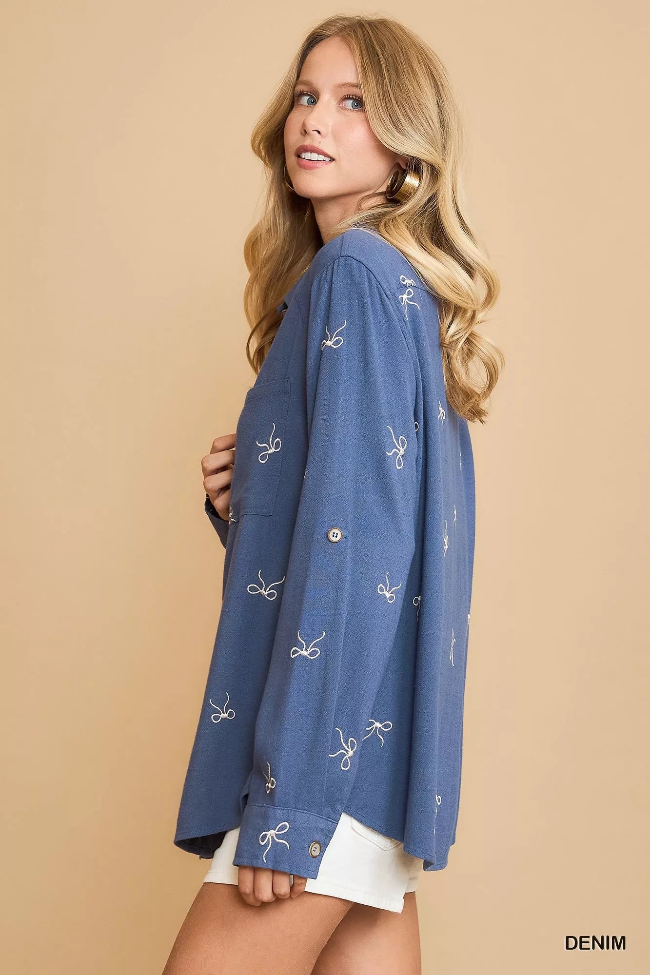 Umgee Linen Blend Fitted Shirt with Ribbon Embroidery Details - Fashorio