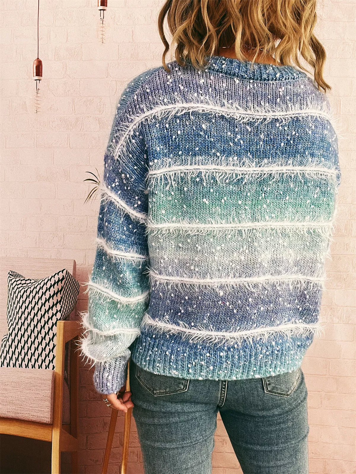 gradient striped round neck sweater back view