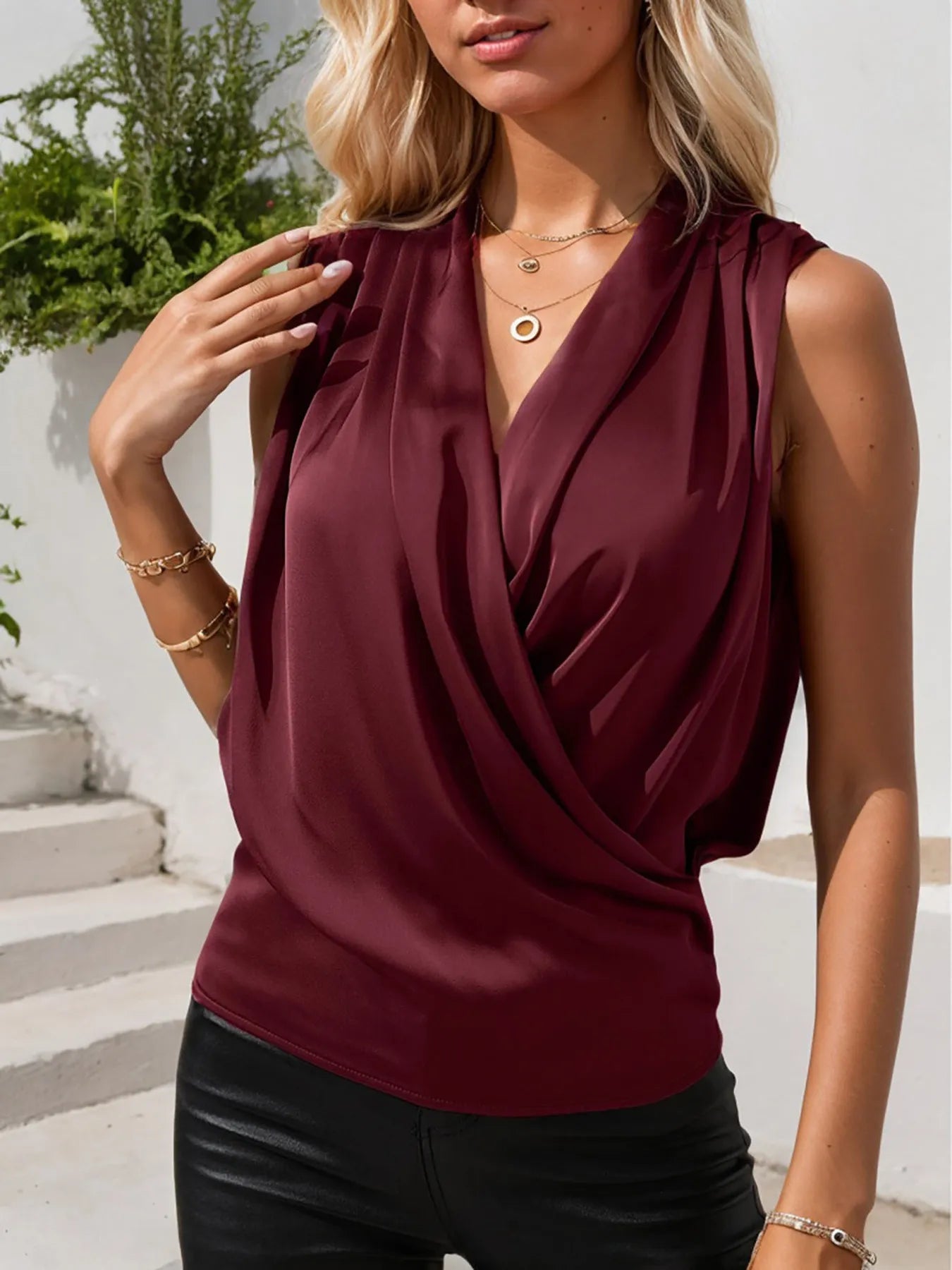 Ruched Surplice Sleeveless Top - Fashorio