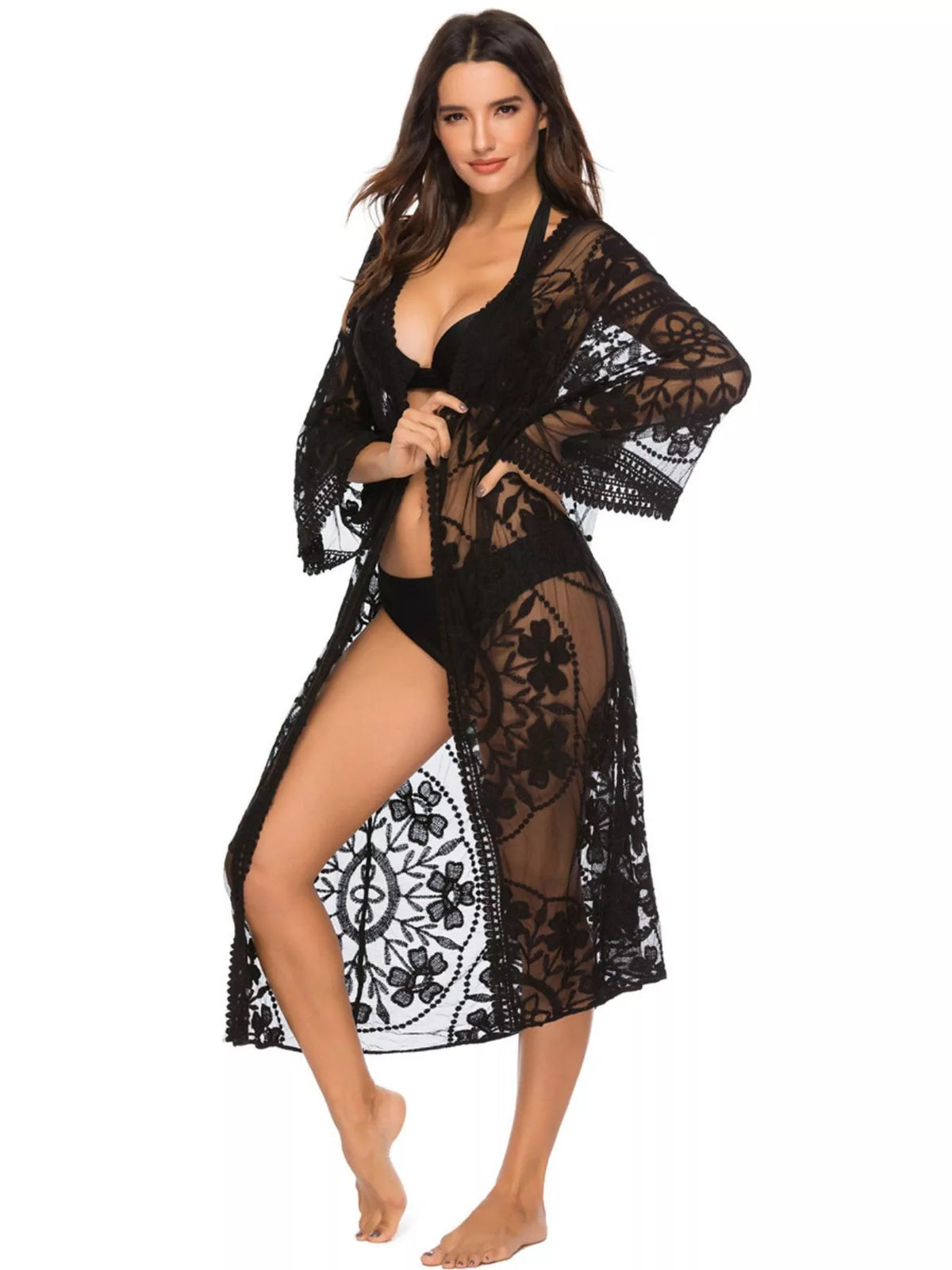 Floral lace sheer kimono cover up back view