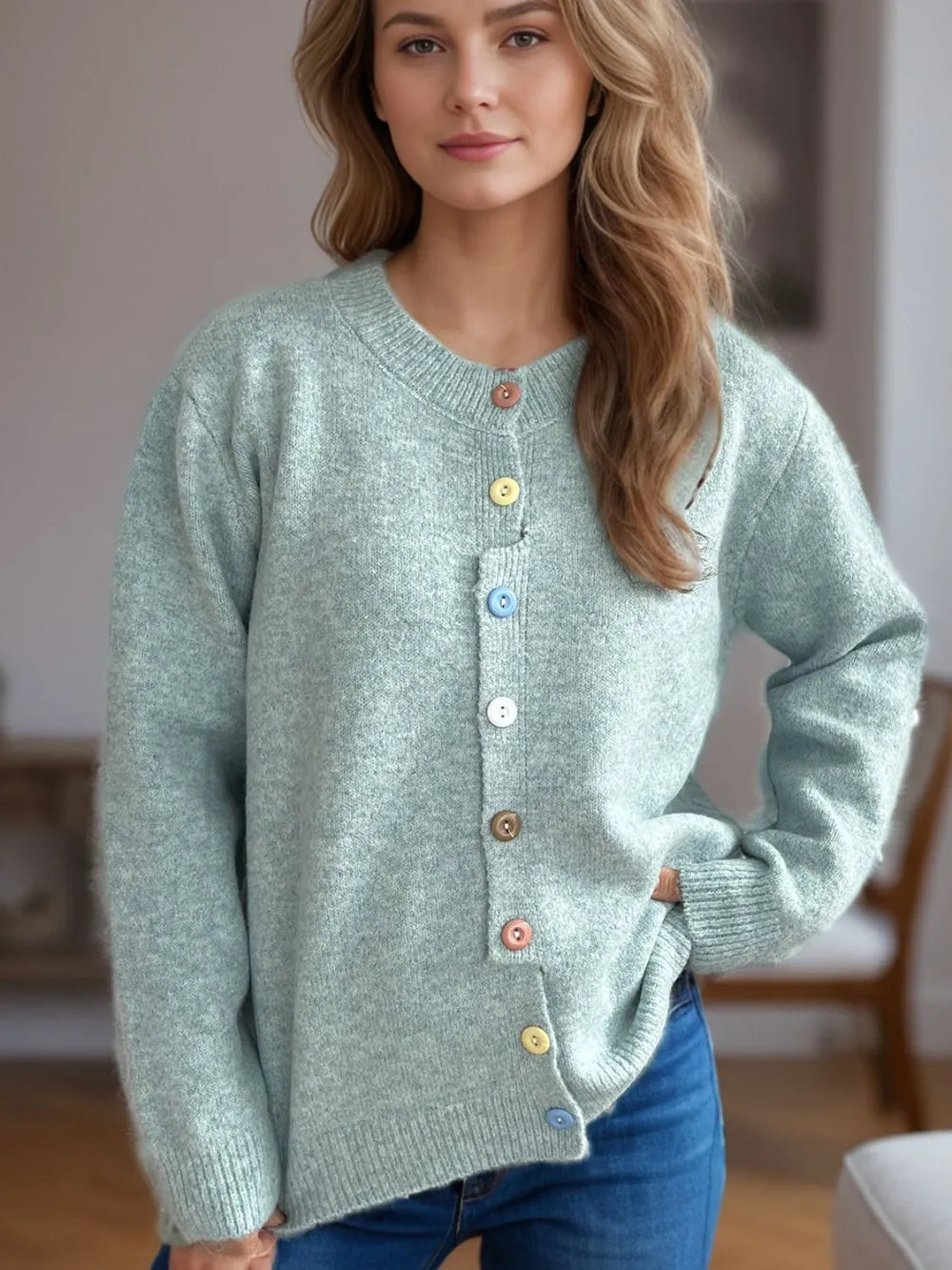 Button Down Long Sleeve Cardigan Pastel Blue One Size - Fashorio