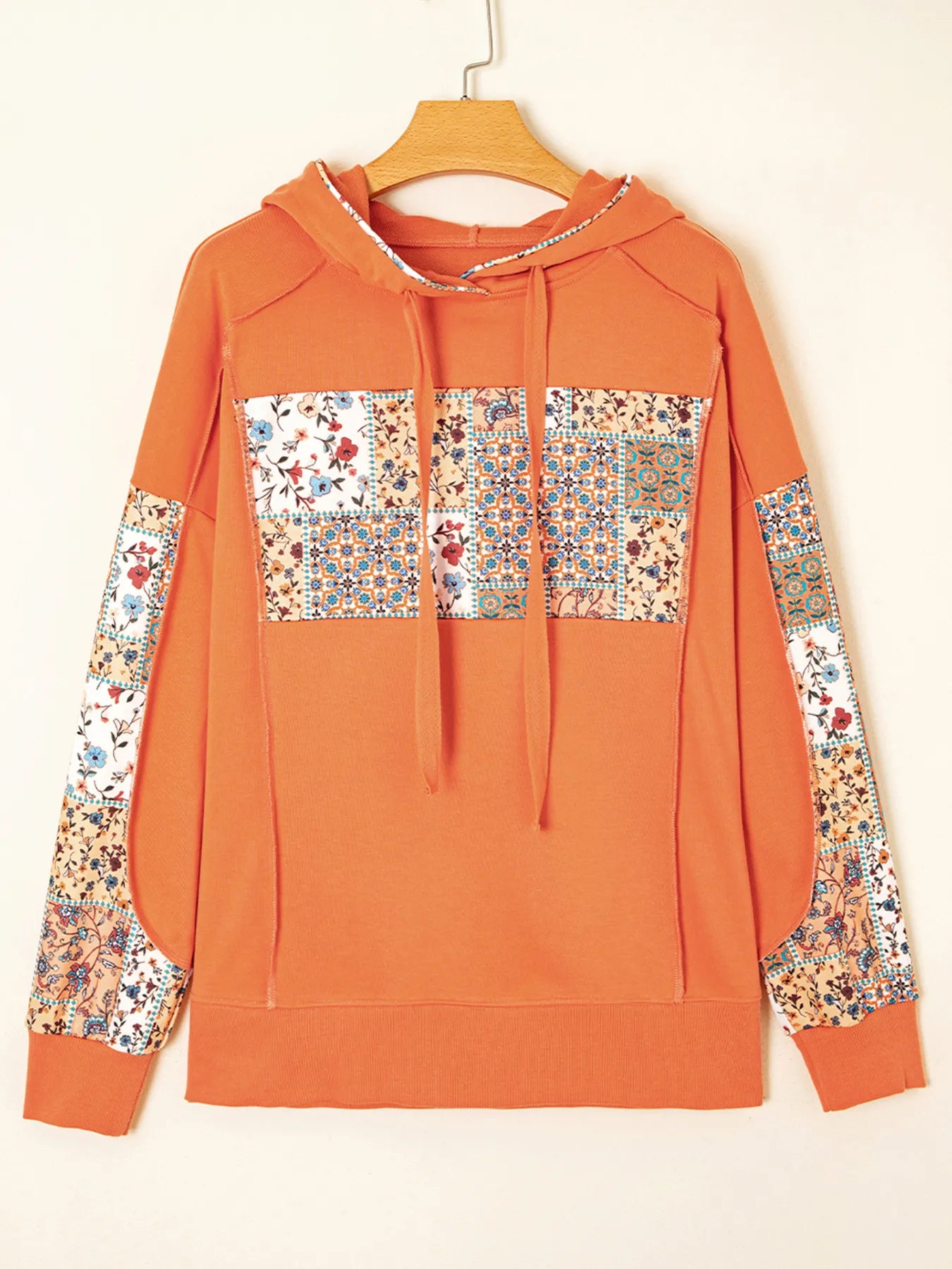 Floral Patchwork Hoodie with Drawstring - Fashorio