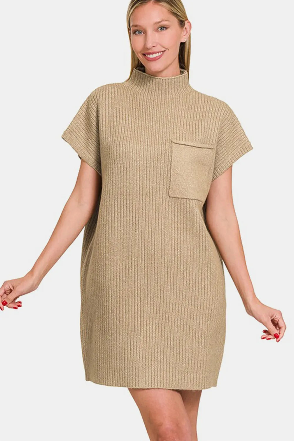 Short Sleeve Sweater Mini Dress in Mocha side view