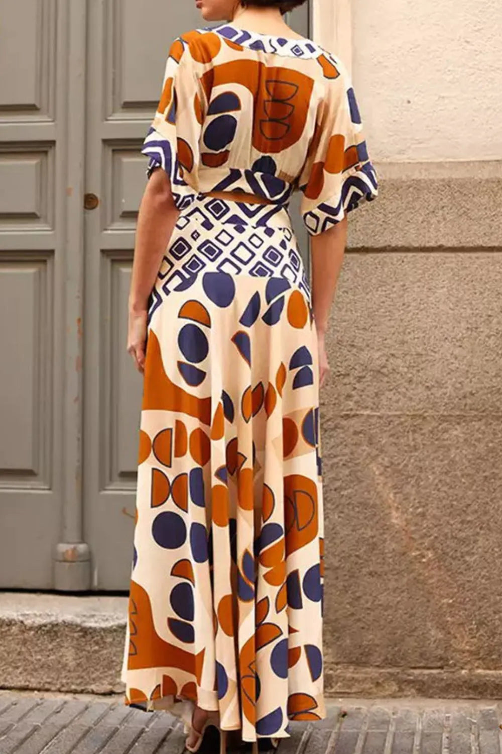 Geometric print maxi dress V neckline detail