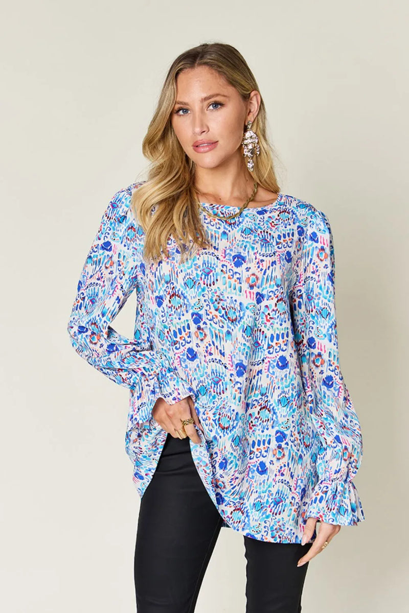 Printed flounce sleeve blouse front view on model