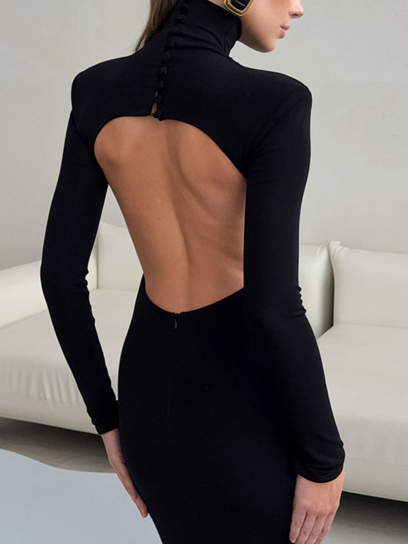 Backless Turtleneck Long Sleeve Maxi Dress front view