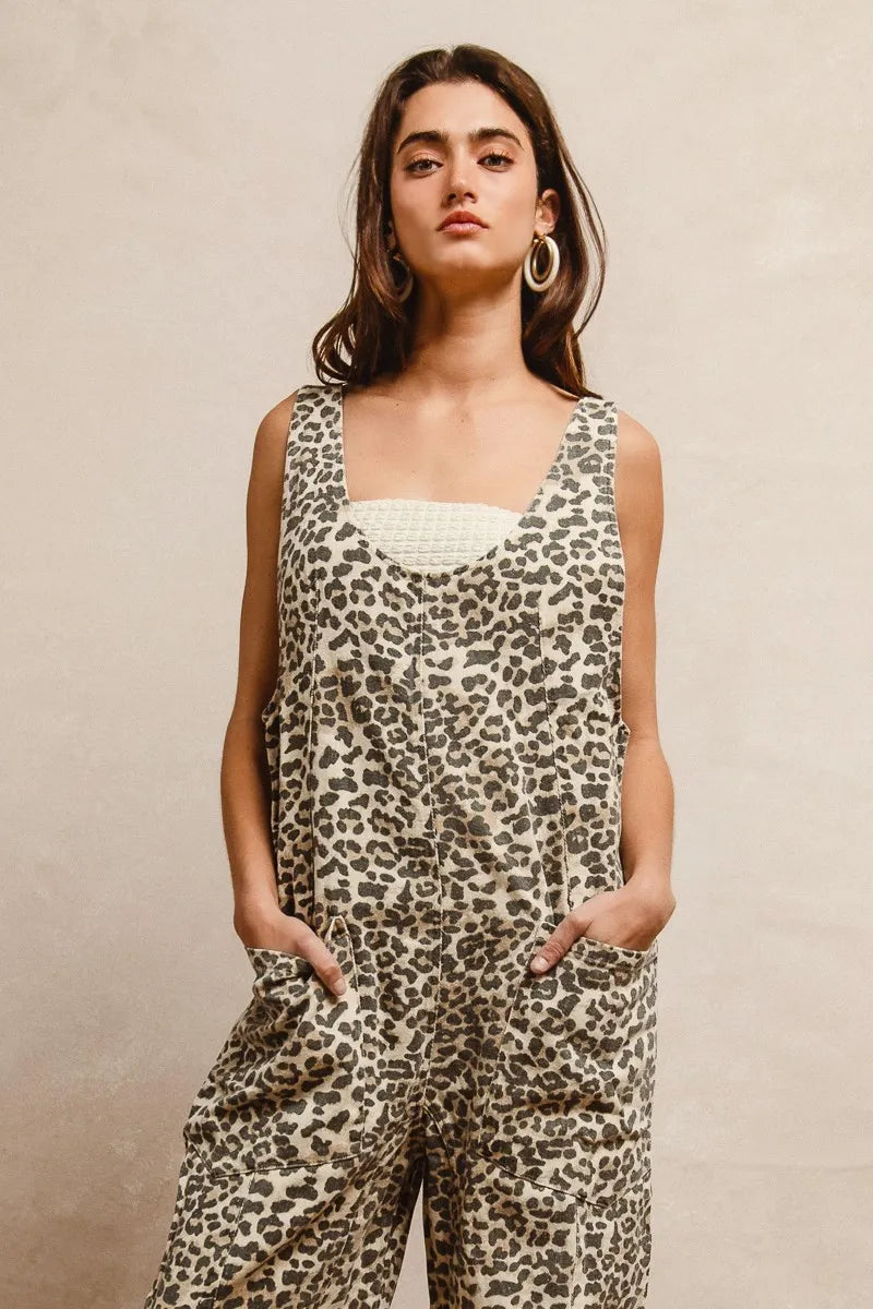 BiBi Leopard Print Adjustable Strap U Neck Jumpsuit - Fashorio