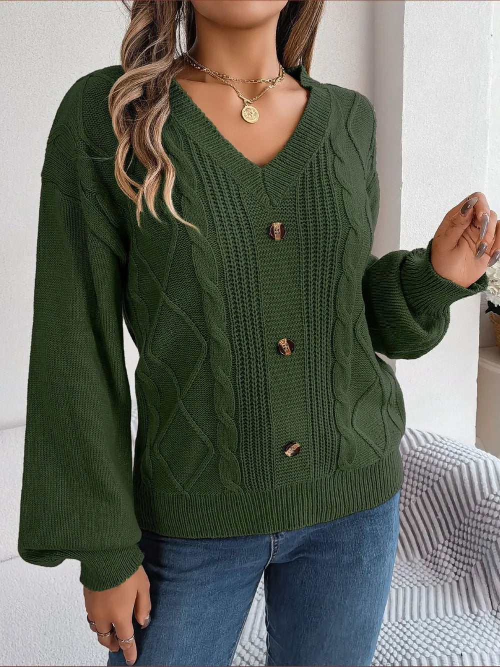 Cable-Knit Buttoned V-Neck Sweater Army Green - Fashorio