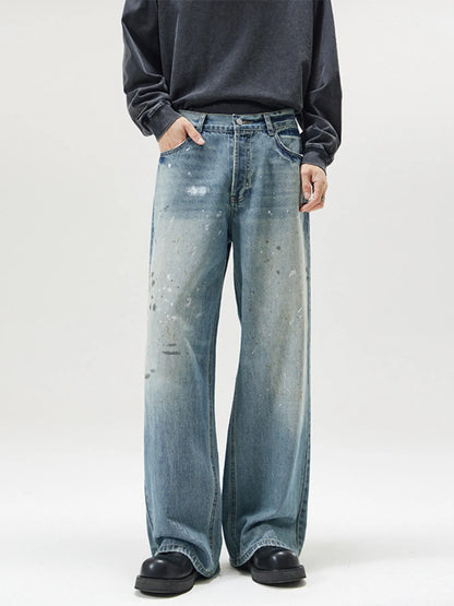 Men's Vintage Washed Wide Leg Jeans Ice Blue - Fashorio