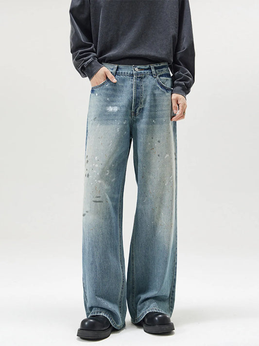 Men's Vintage Washed Wide Leg Jeans Ice Blue - Fashorio