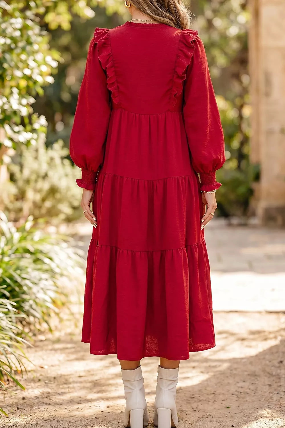 Ruffle tier detail on burgundy long sleeve midi dress