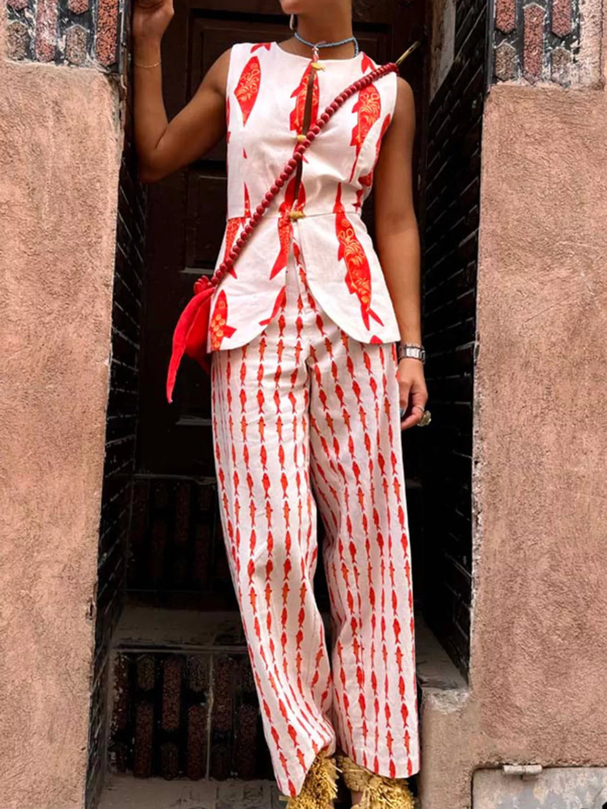 Fish Print Sleeveless Top and Pants Set, view 10