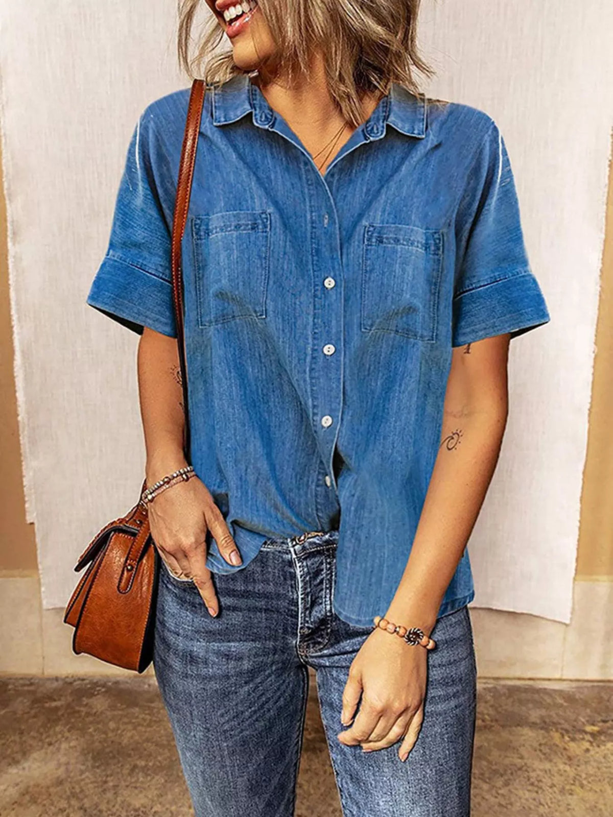 denim short sleeve button front shirt back view