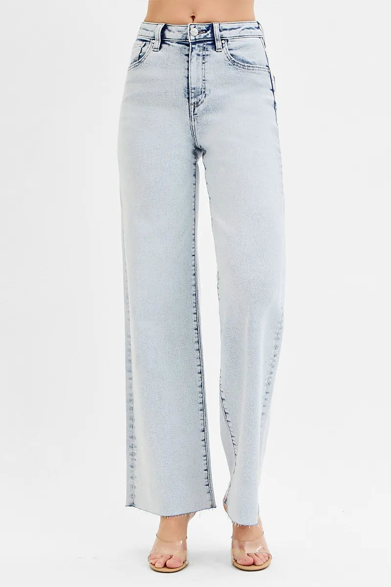 RISEN raw hem wide leg jeans detail