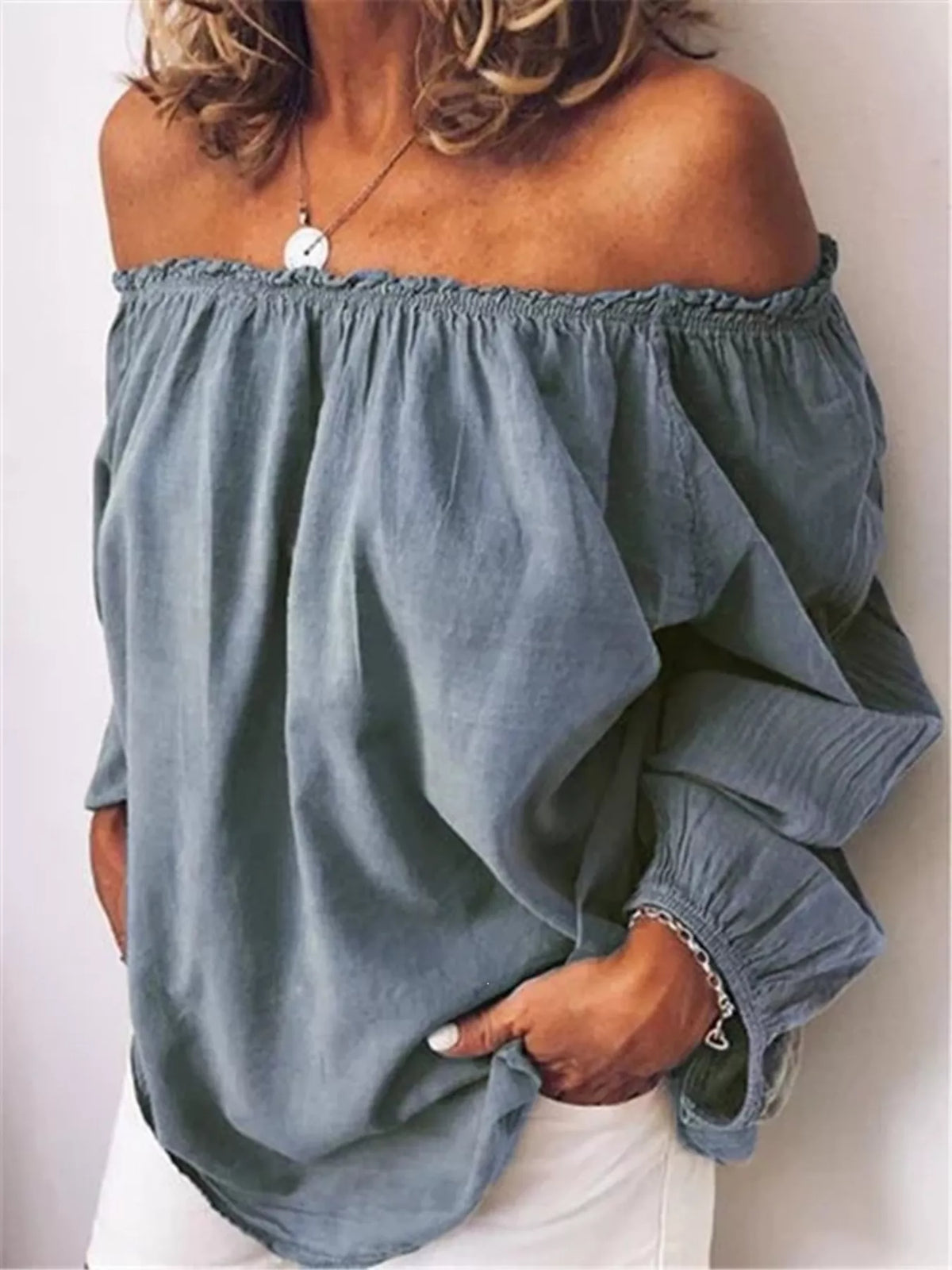 off shoulder frill trim blouse side view