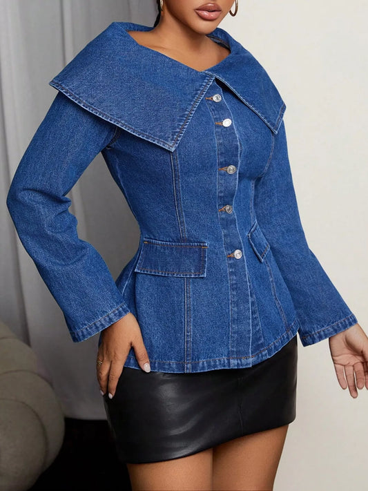 Button-Front Long Sleeve Denim Top - Fashorio